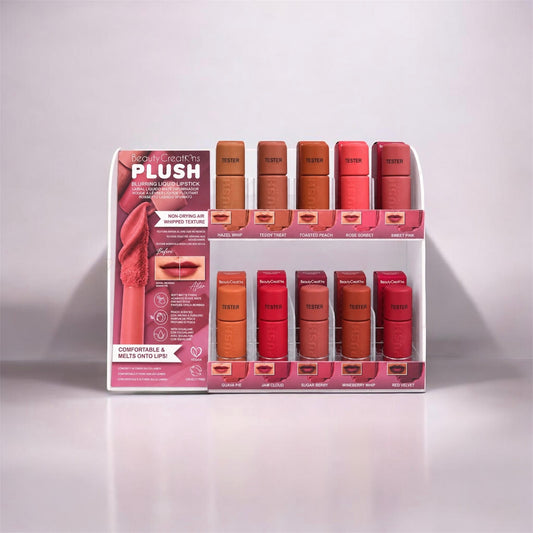 Display 60 pzs + 8 Tester “Labial Líquido Acabado Soft Mate” Colección Plush